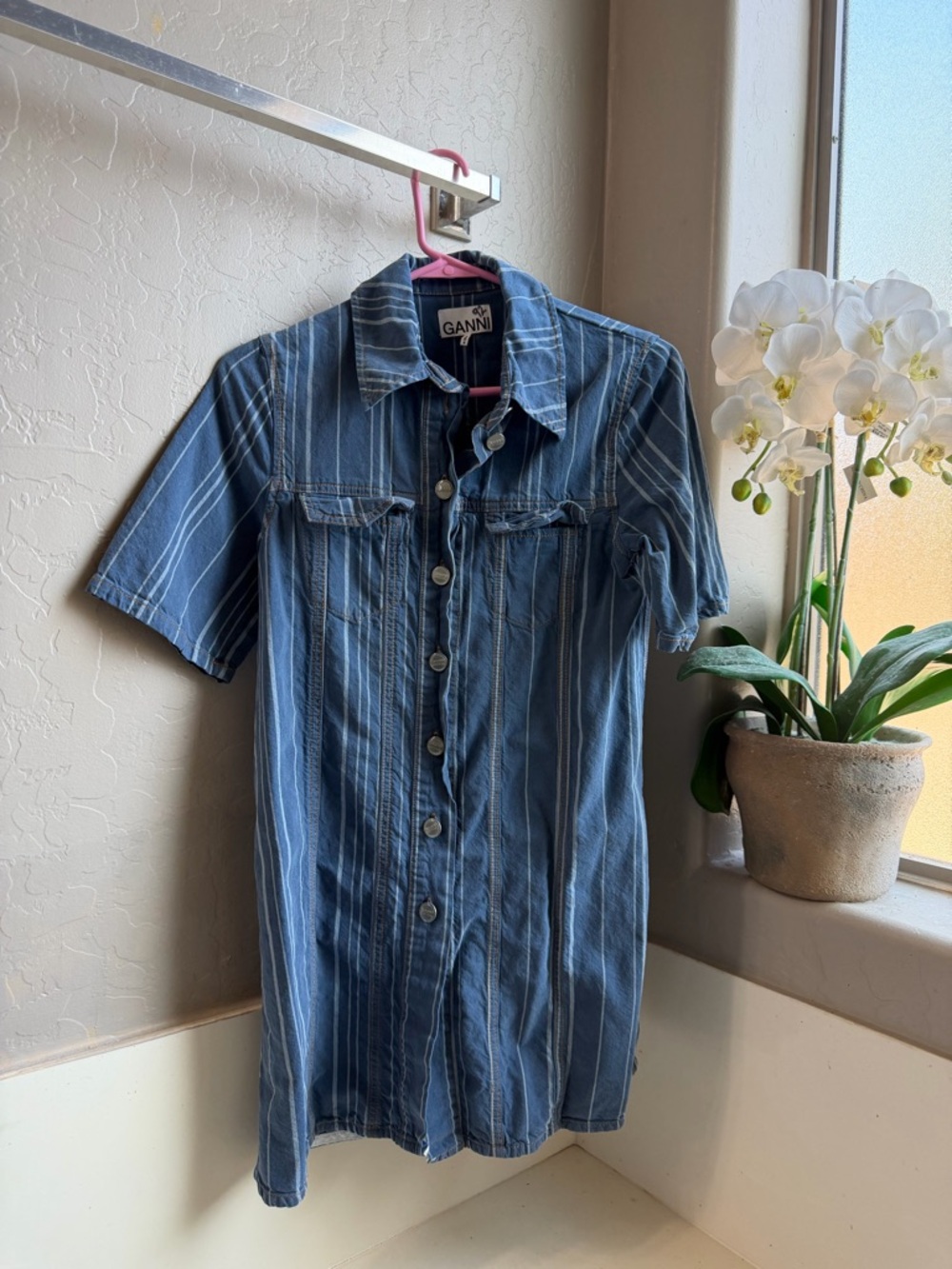 Ganni Blue and White Striped Shirt
